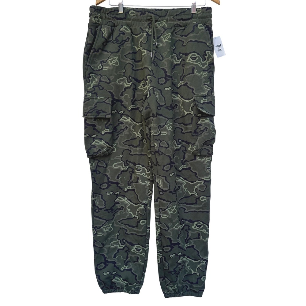 Mode of One Mens Camo Cargo Jogger Pants Green Bleeker Camo Fleece Large NEW
